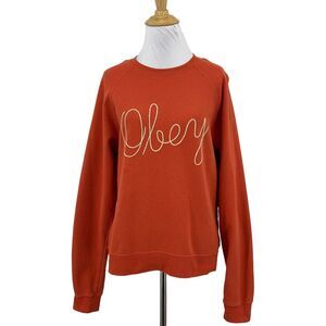 Obey Sweatshirt Womens S Small Terracotta Fleece Lined Cursive Logo Oversized